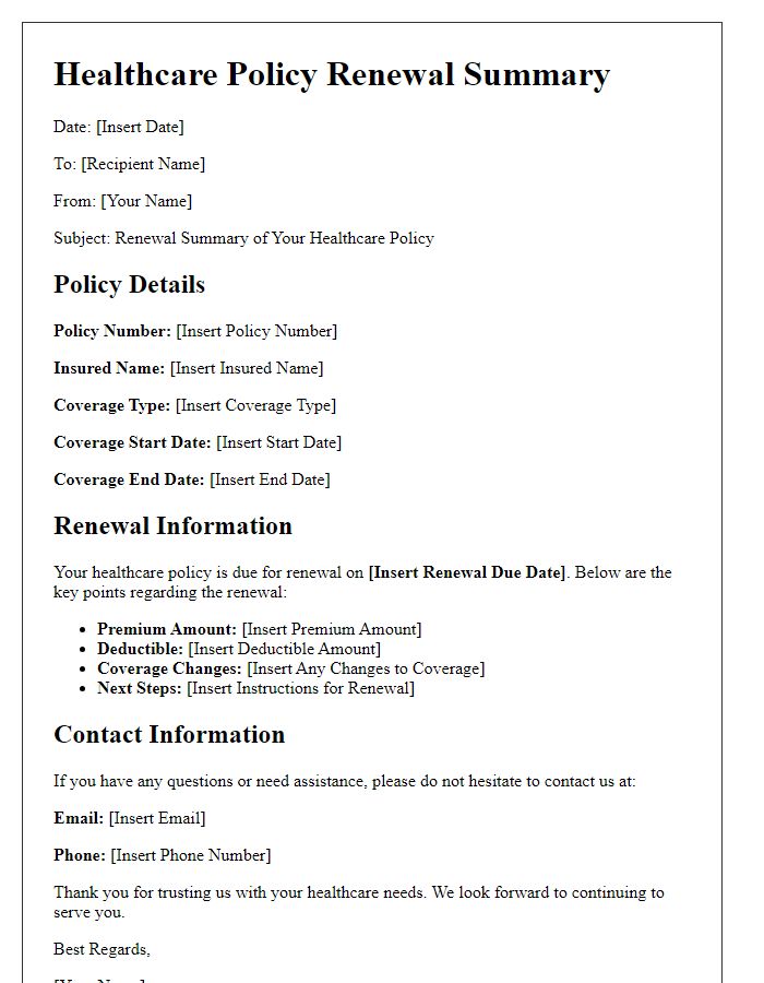 Letter template of healthcare policy renewal summary.