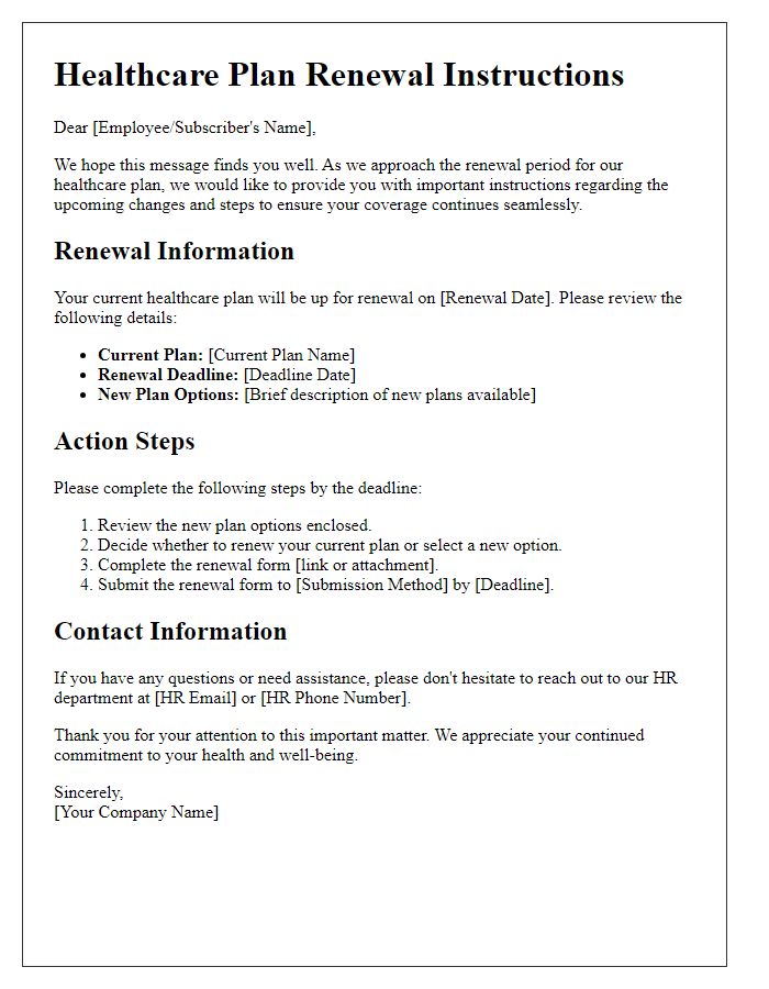 Letter template of upcoming healthcare plan renewal instructions.