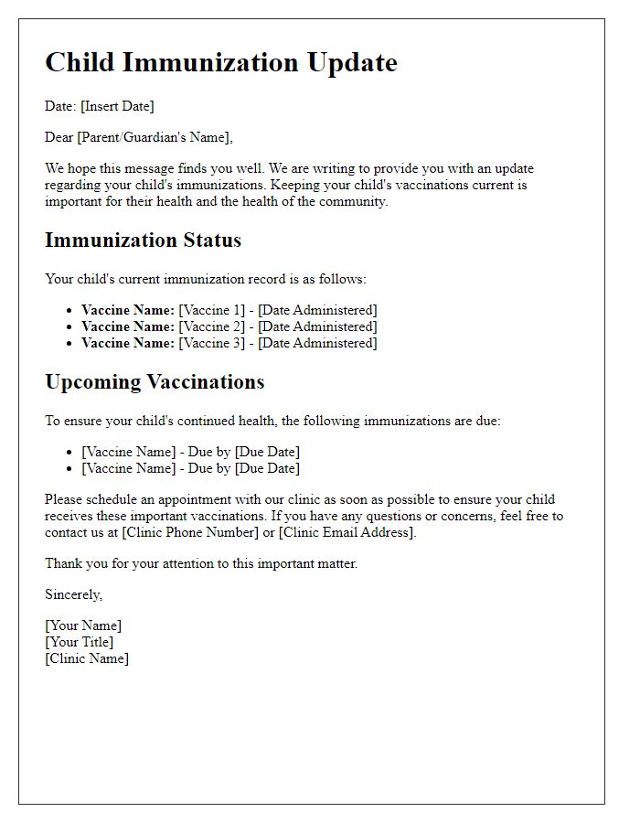 Letter template of child immunization updates