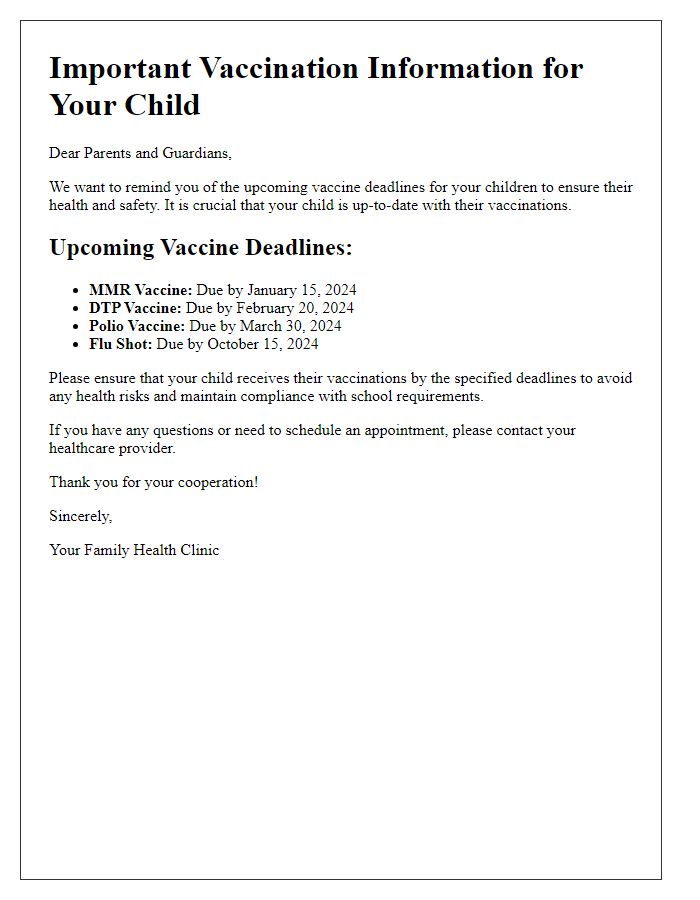 Letter template of upcoming vaccine deadlines for kids