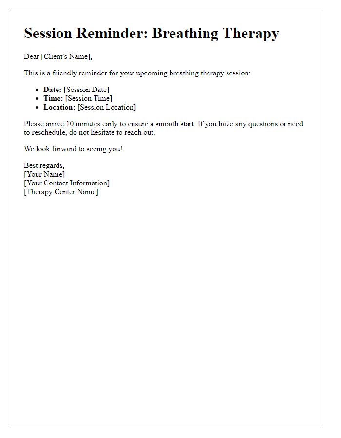 Letter template of breathing therapy session reminder