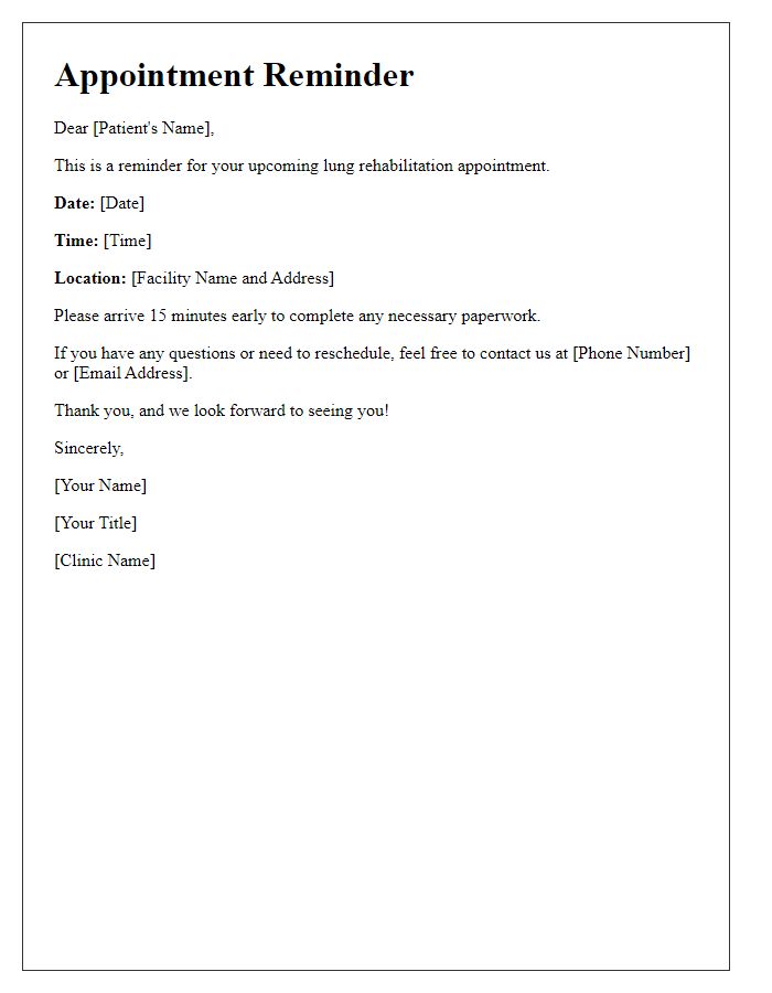 Letter template of lung rehabilitation appointment reminder