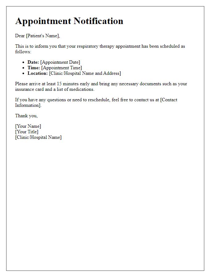 Letter template of respiratory therapy appointment notification