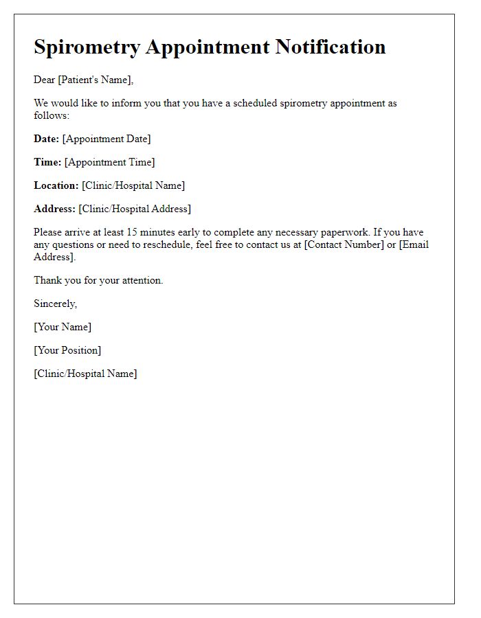 Letter template of spirometry appointment notification