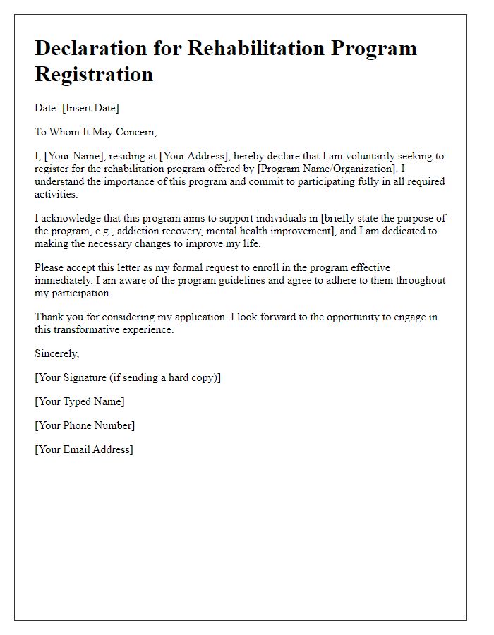 Letter template of declaration for rehabilitation program registration