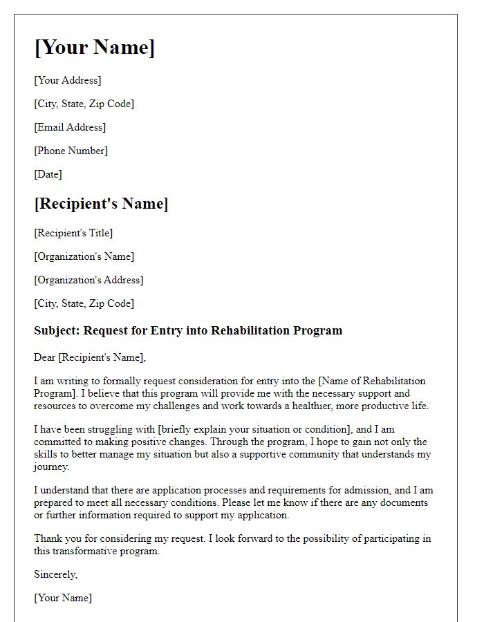 Letter template of formal request for rehabilitation program entry