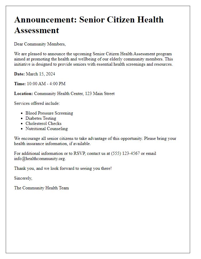 Letter template of announcement for senior citizen health assessment.