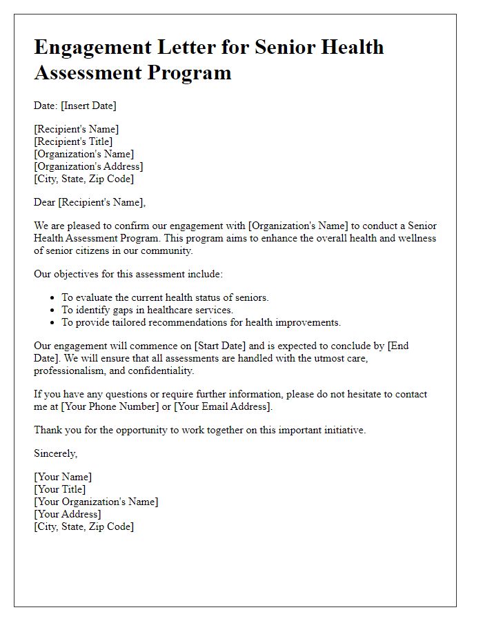 Letter template of engagement for senior health assessment program.