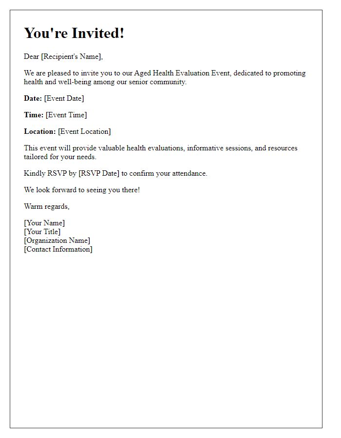 Letter template of invitation for aged health evaluation event.