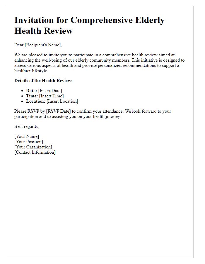 Letter template of invitation for comprehensive elderly health review.