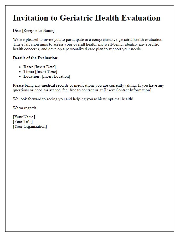 Letter template of invitation for geriatric health evaluation.