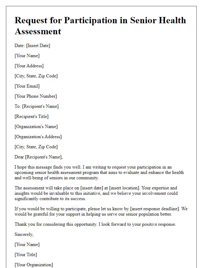 Letter template of request for senior health assessment participation.