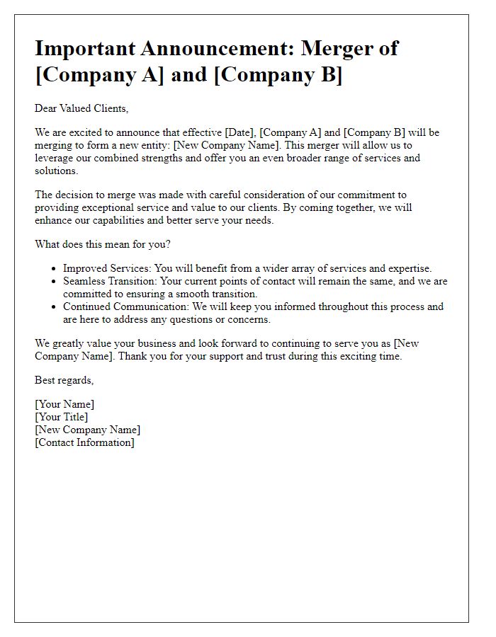 Letter template of business merger announcement for clients