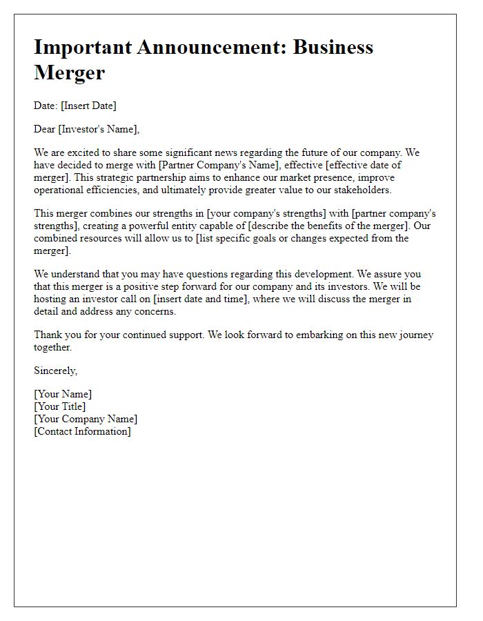 Letter template of business merger announcement for investors