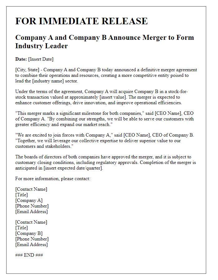 Letter template of business merger announcement for the media