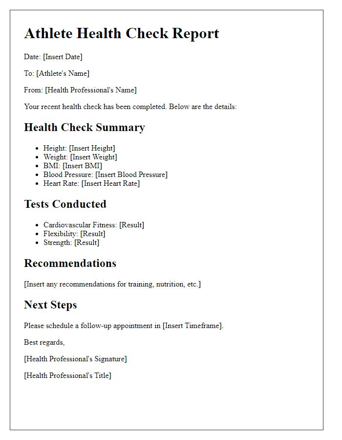 Letter template of athlete health check details