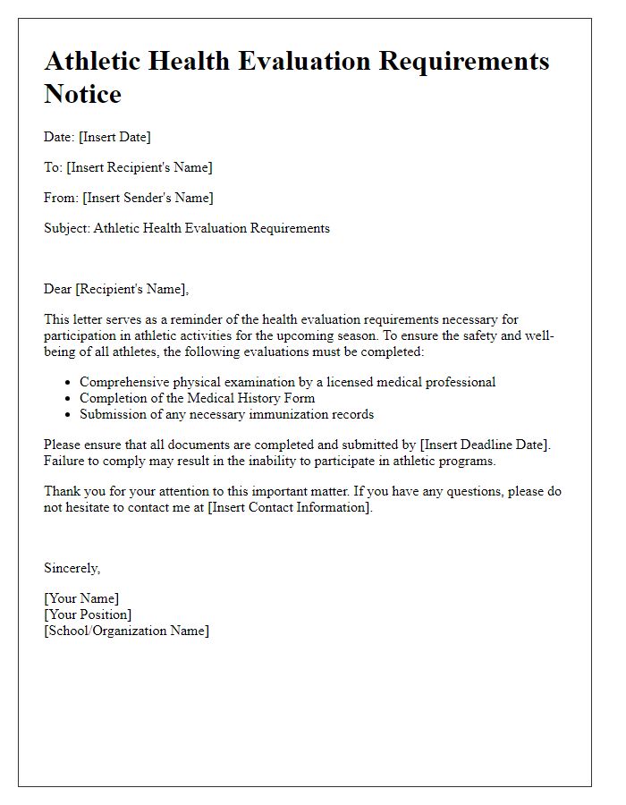 Letter template of athletic health evaluation requirements notice