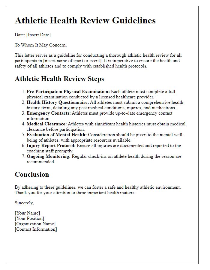 Letter template of athletic health review guidelines