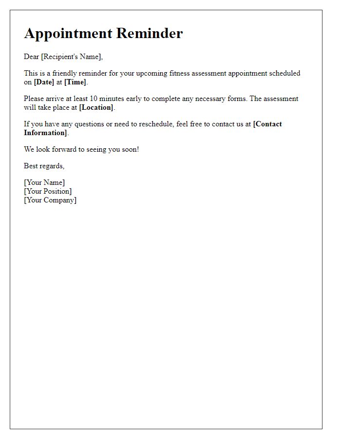 Letter template of fitness assessment appointment reminder