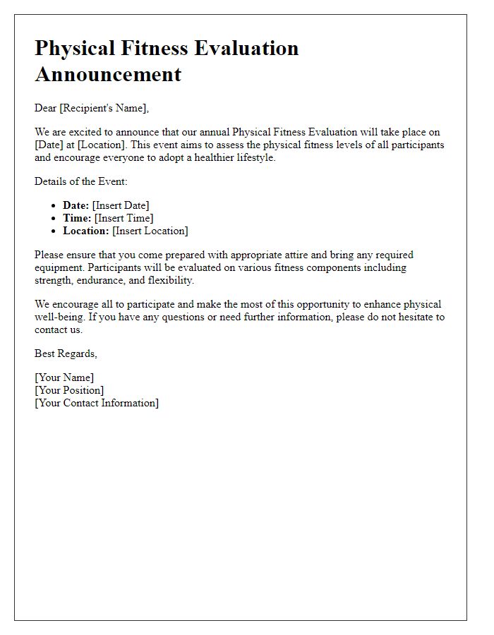 Letter template of physical fitness evaluation announcement