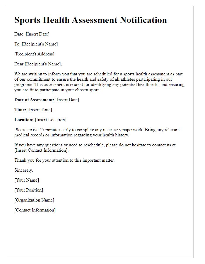 Letter template of sports health assessment notification