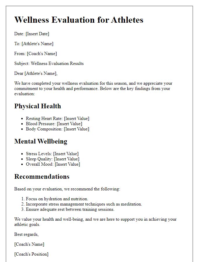 Letter template of wellness evaluation for athletes