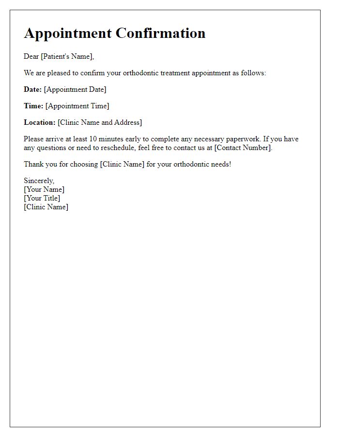 Letter template of orthodontic treatment appointment confirmation