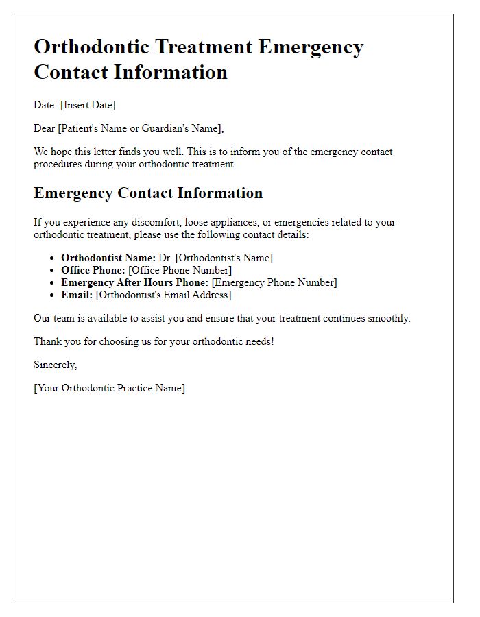 Letter template of orthodontic treatment emergency contact information