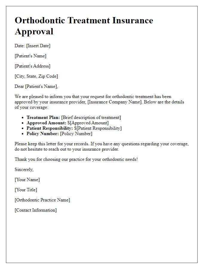 Letter template of orthodontic treatment insurance approval