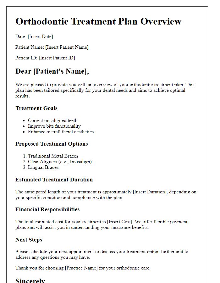 Letter template of orthodontic treatment plan overview