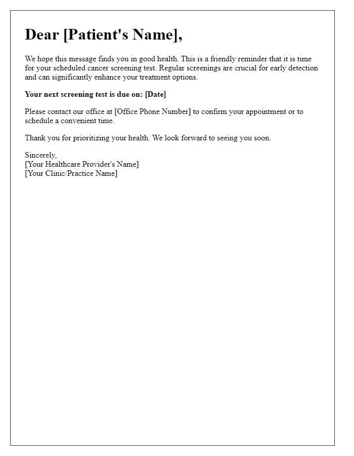 Letter template of cancer screening test reminder designed for senior patients.