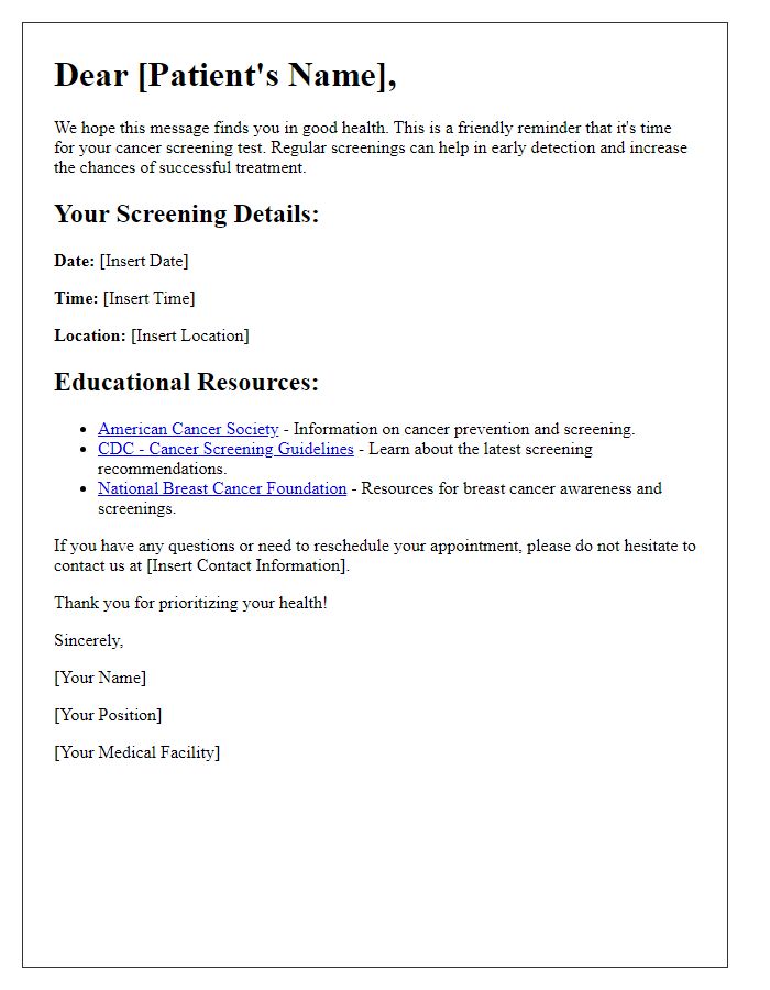 Letter template of cancer screening test reminder with educational resources included.