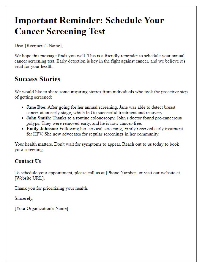 Letter template of cancer screening test reminder featuring success stories.