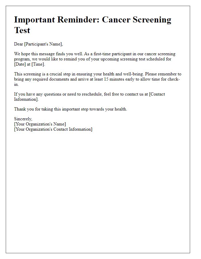 Letter template of cancer screening test reminder for first-time participants.