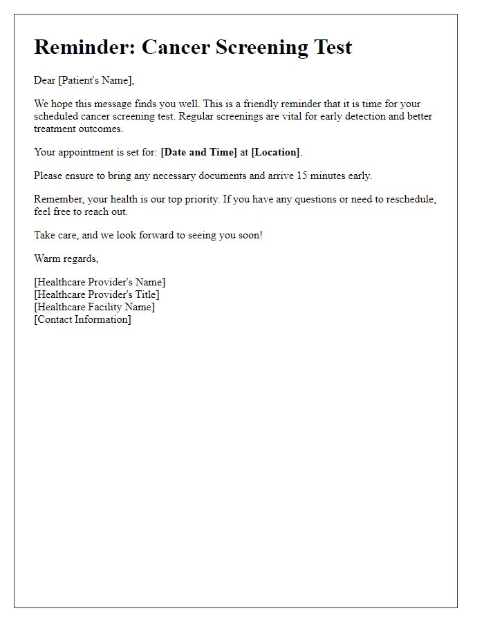 Letter template of cancer screening test reminder with a personal note from the healthcare provider.