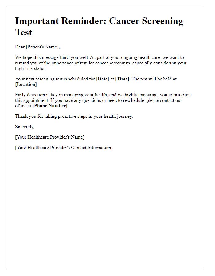 Letter template of cancer screening test reminder tailored for high-risk individuals.