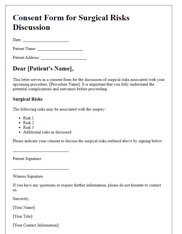 Letter template of consent form for surgical risks discussion