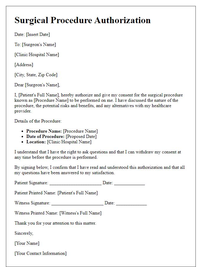 Letter template of surgical procedure authorization outline