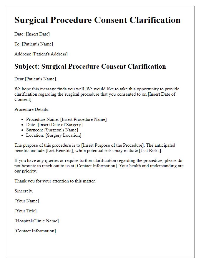 Letter template of surgical procedure consent clarification