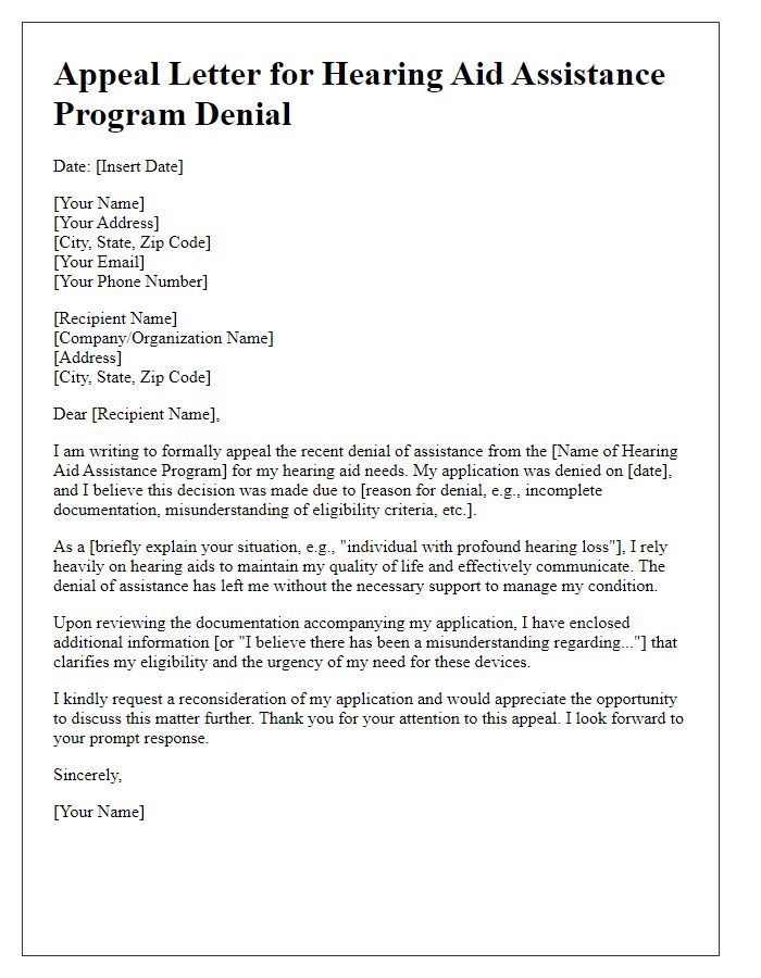 Letter template of appeal for hearing aid assistance program denial