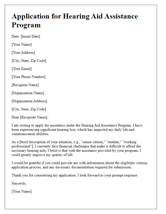 Letter template of application for hearing aid assistance program