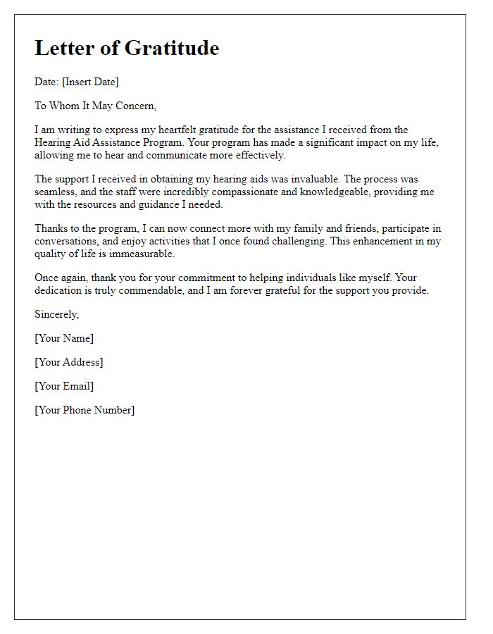 Letter template of gratitude towards hearing aid assistance program support