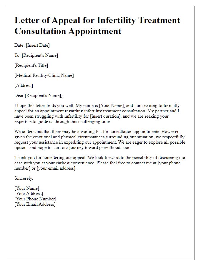 Letter template of appeal for infertility treatment consultation appointment