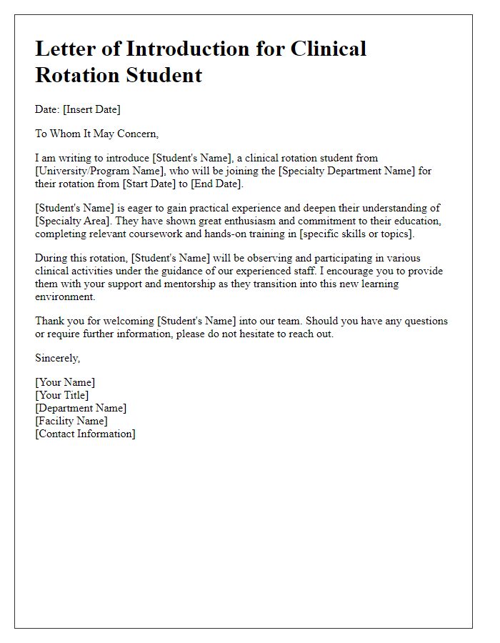 Letter template of introduction for clinical rotation student in specialty department