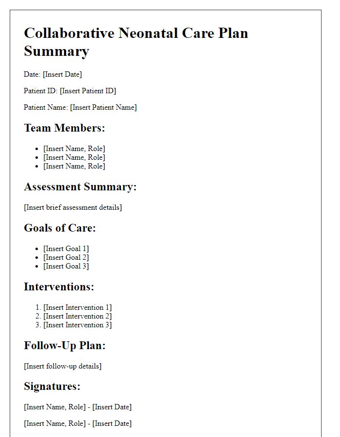 Letter template of collaborative neonatal care plan summary for multidisciplinary teams.