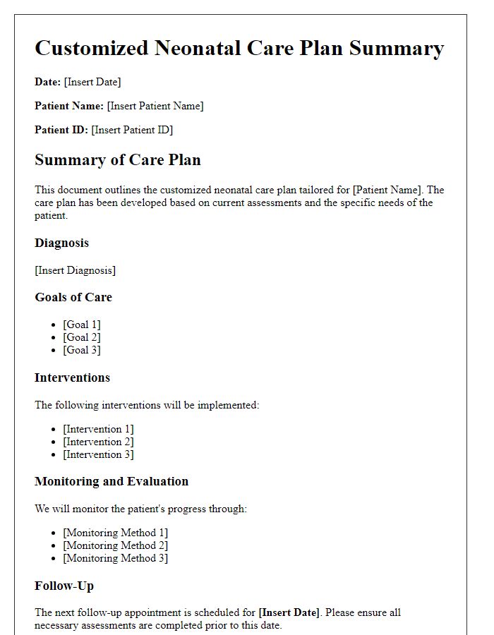 Letter template of customized neonatal care plan summary for specialists.