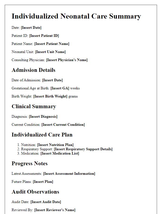 Letter template of individualized neonatal care summary for audits.