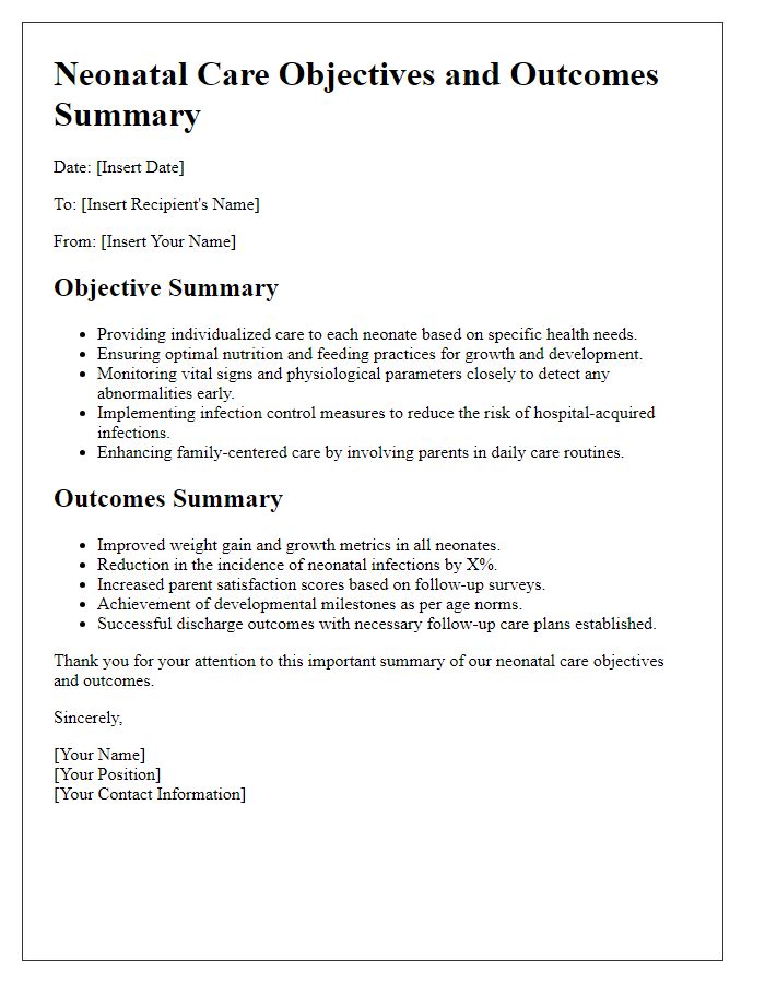 Letter template of neonatal care objectives and outcomes summary.