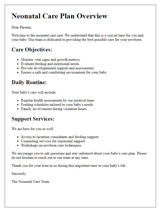 Letter template of neonatal care plan overview for parents.