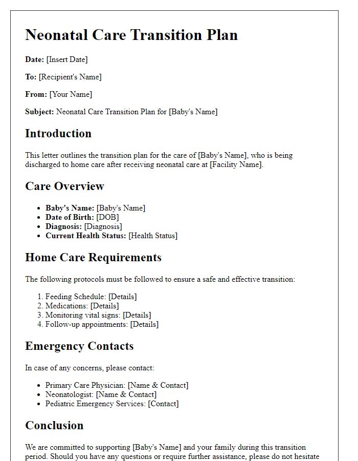 Letter template of neonatal care transition plan for home care.